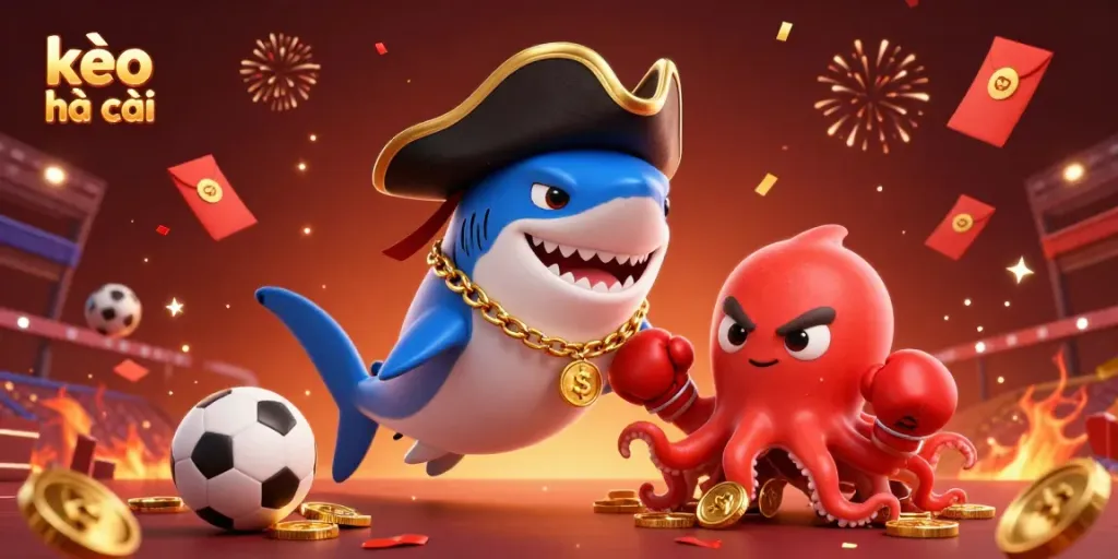 Experience kèo nhà cái excitement with a playful shark, pufferfish, and octopus in a lively sports betting scene.