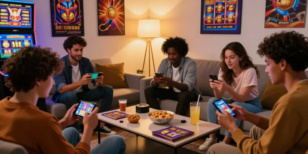 Group of friends playing uk casinos not on gamstop games on mobile devices in a cozy home setting.