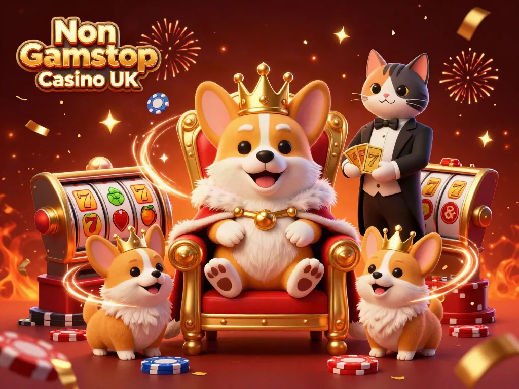 Engaging scene of a royal corgi in a throne, surrounded by slot game elements for Non Gamstop Casino UK.