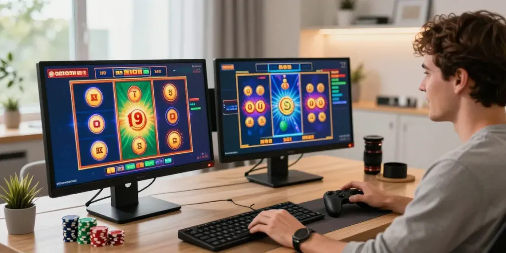 Player enjoying non gamstop casino uk experience with vibrant slot games and chips in a cozy gaming setup