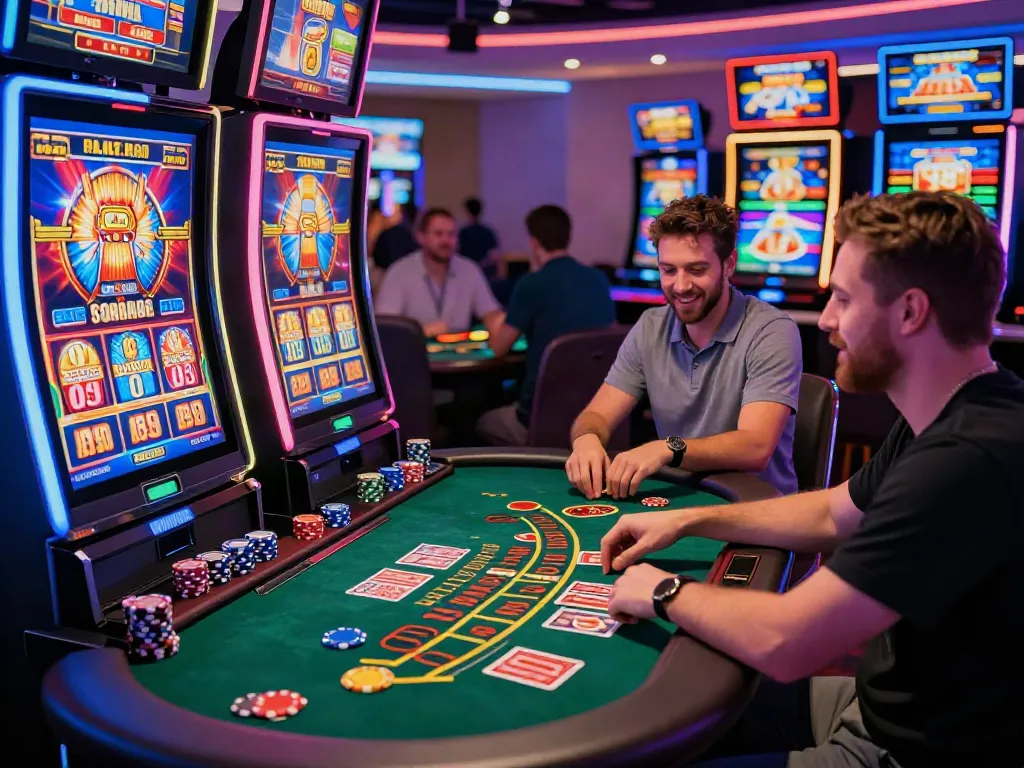 Players enjoying an exciting casino atmosphere with games not on GamStop, featuring slots and live dealer tables.