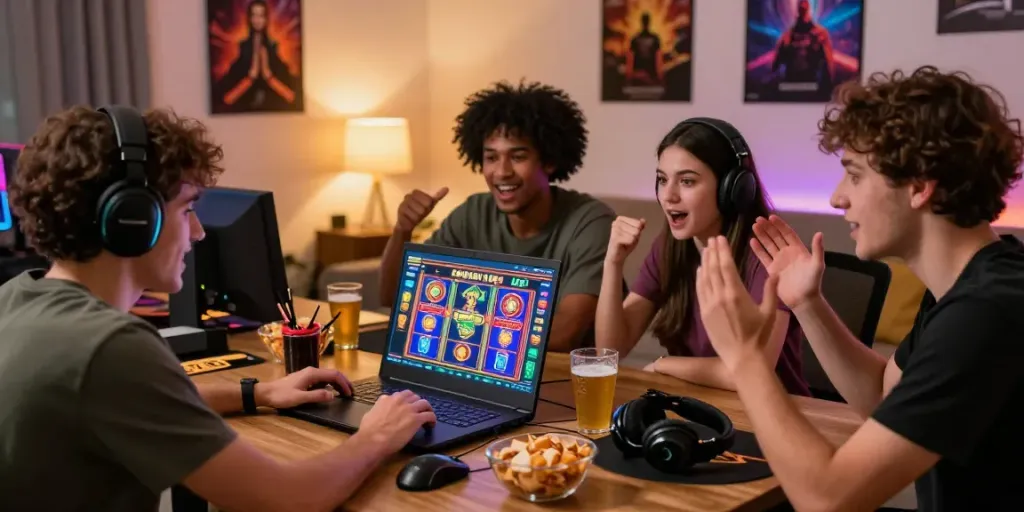 Friends enjoying vibrant gameplay at non gamstop casinos UK in a cozy living room.