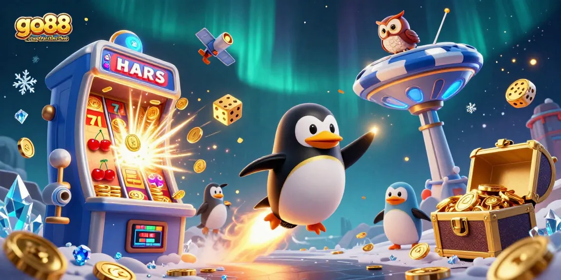 Engage with go88 trang chu chinh thuc in an exciting casino journey featuring a golden penguin and vibrant game elements.