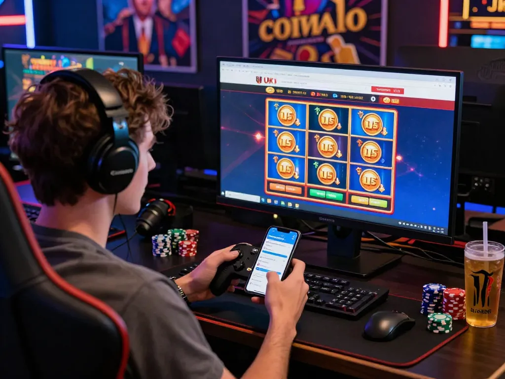 Player engaging with uk casinos online, surrounded by gaming paraphernalia and vibrant graphics.