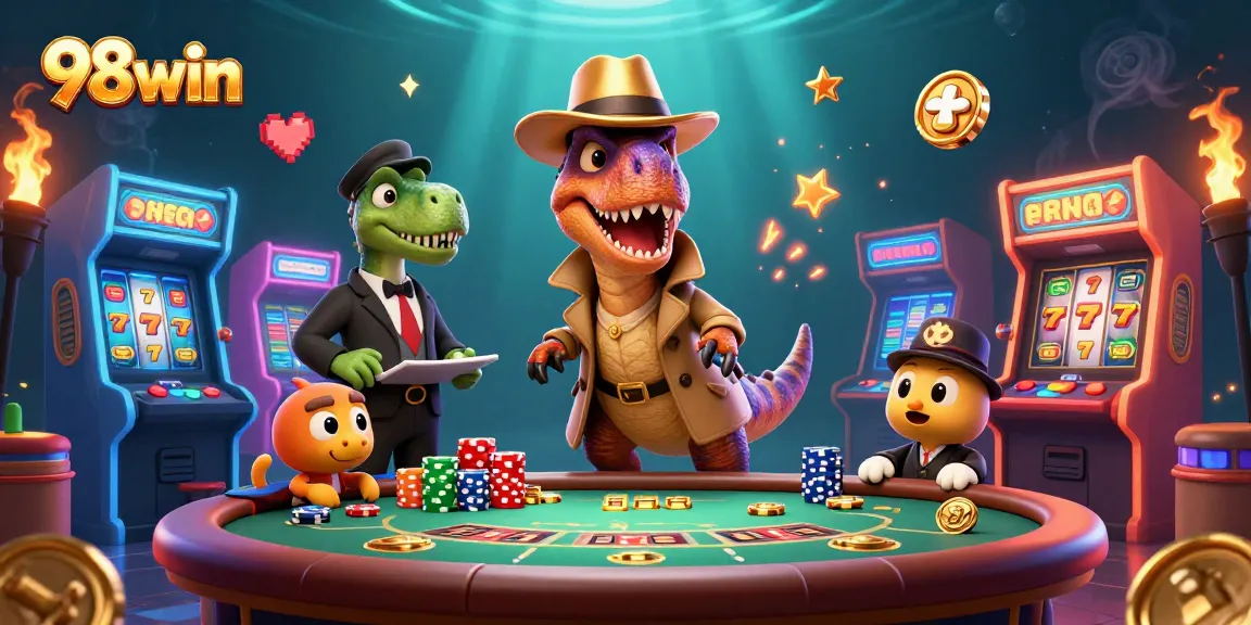 Experience exciting gameplay at 98win's blackjack table with colorful characters and vibrant casino elements.