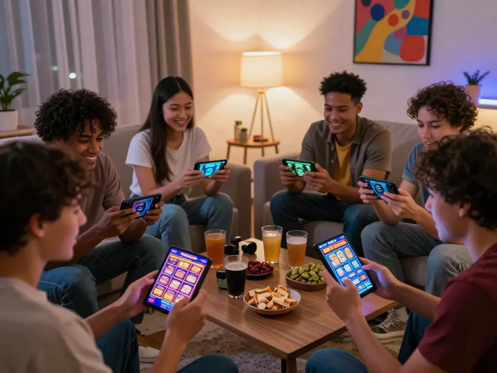 Young adults enjoying slots not on GamStop in a vibrant living room during a gaming night.
