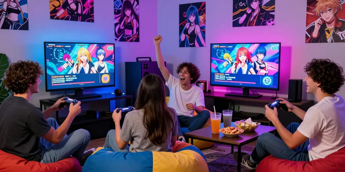Group of friends enjoying gay hentai games in a vibrant gaming room atmosphere.