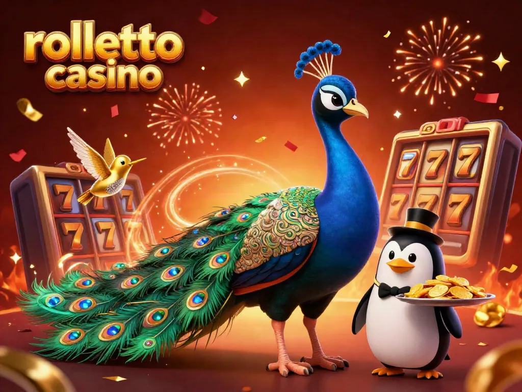 Experience rolletto casino with vibrant characters celebrating by spinning slot reels and winning big!