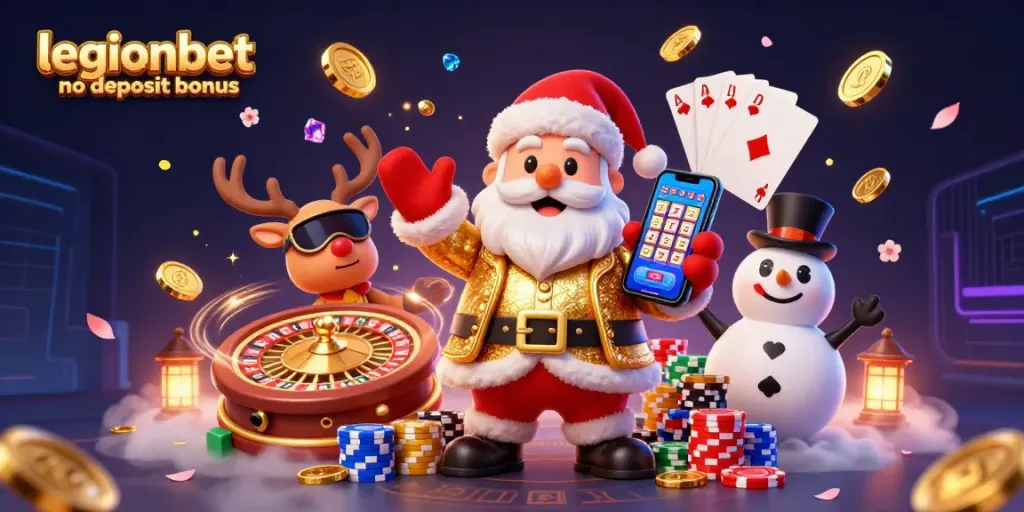 Spin the reels and claim your win with the legionbet no deposit bonus, featuring festive casino characters.