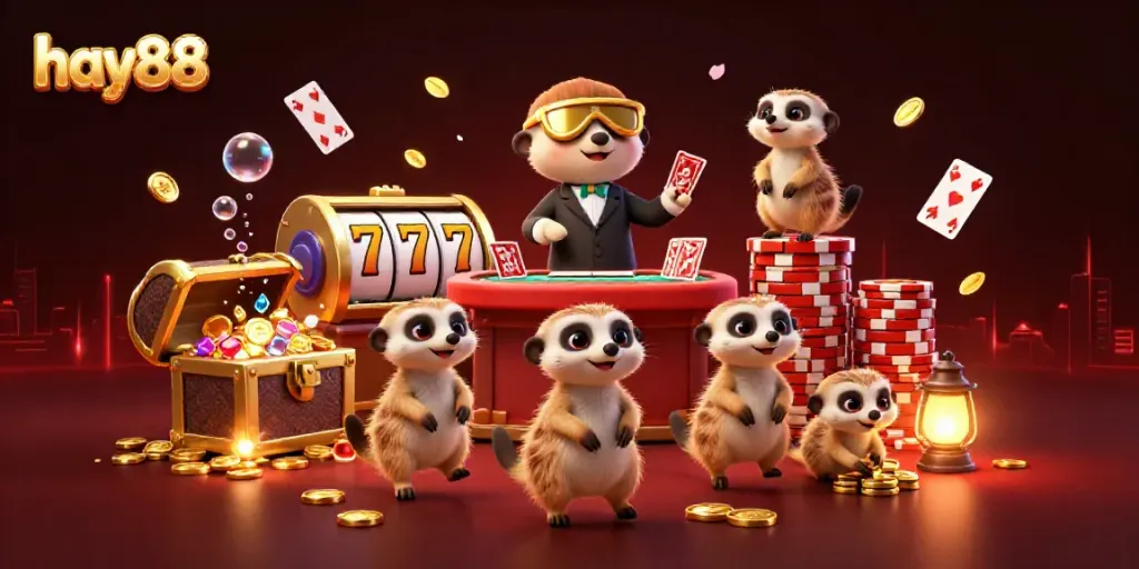 Experience the vibrant casino atmosphere at hay88 with cheerful meerkats operating games and treasures.
