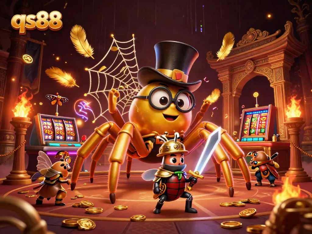 Engage with qs88 at the casino, featuring a giant tarantula and a brave beetle knight in a vibrant gambling scene.