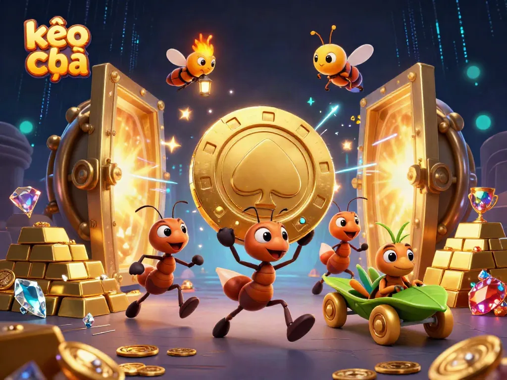 Kèo nhà cái highlights a vibrant heist scene with ants carrying a giant poker chip, surrounded by treasure and gaming elements.