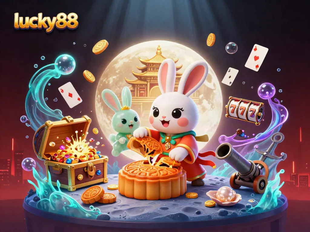 Engage with lucky88, where a moon rabbit pounds mooncakes revealing poker chips, embodying a vibrant casino theme.