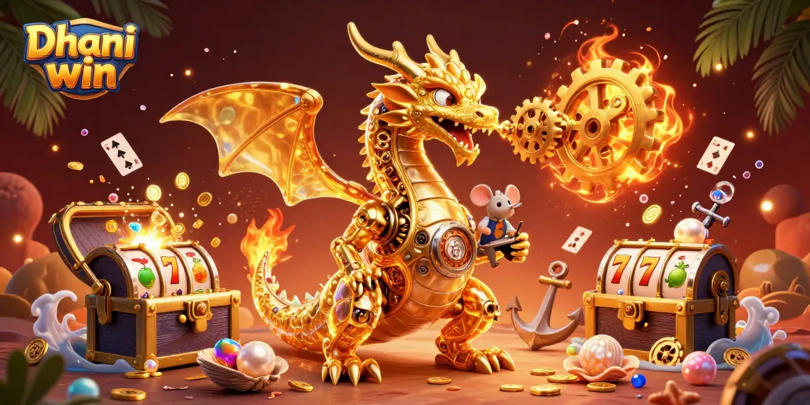 Dhani win enhances gaming thrills with a golden dragon and treasure, showcasing dynamic slots.