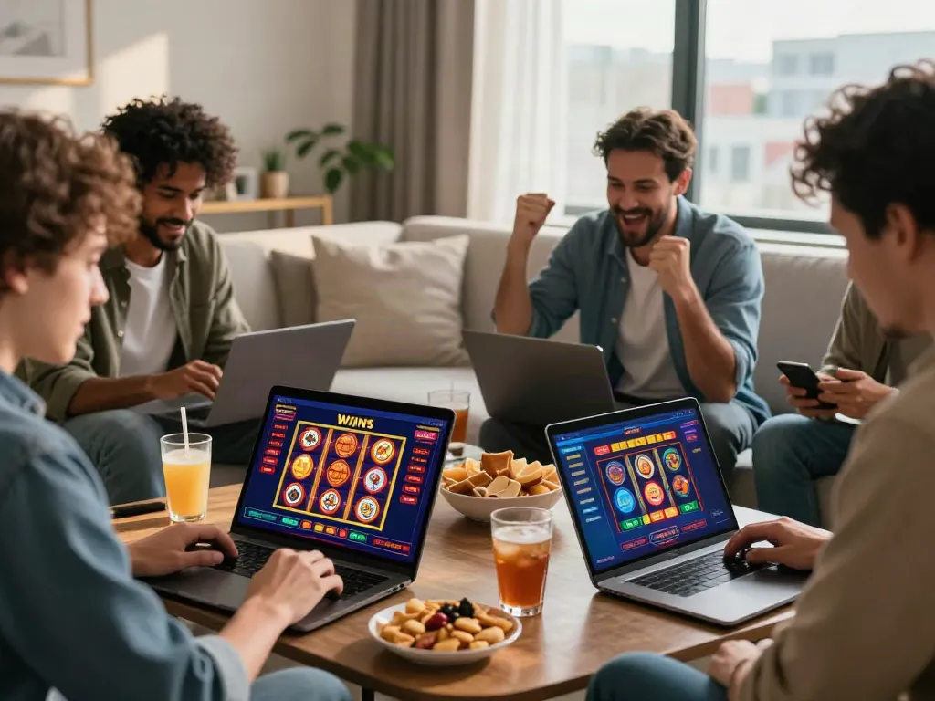 Players enjoying a thrilling session at a non gamstop casino uk, celebrating wins and exploring bonuses in a modern home setting.
